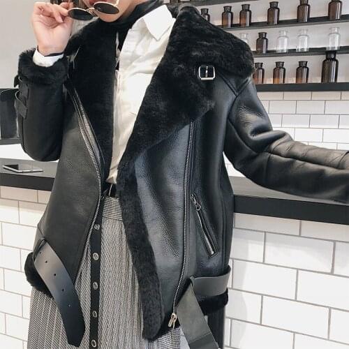 Jacket Top Women Quality Sheepskin Leather Warm Winter Lamb Fur Coat Thick Motorcycle Parkas 25224 MF402
