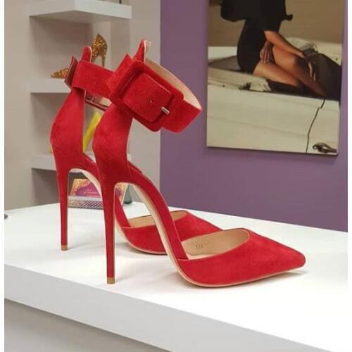 Moraima Snc Sexy Pointed Toe High Heel Sandal for Woman Summer Cutouts Thin Heels Shoes Ankle Strap Stiletto Heels Red Black