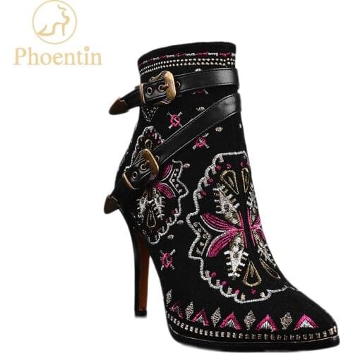Phoentin embroider stiletto boots women fashion genuine leather suede ankle boots ladies narrow band buckle shoes black FT811