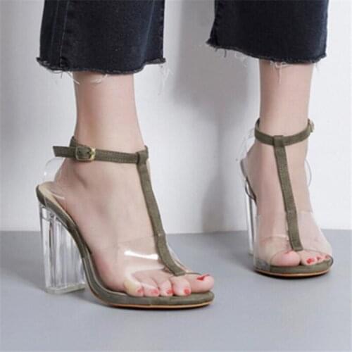 Women sandals PVC Buckle Strap 11cm Square heel High heels Round Toe Shallow women shoes sandalias mujer 2020 size 35-42 black