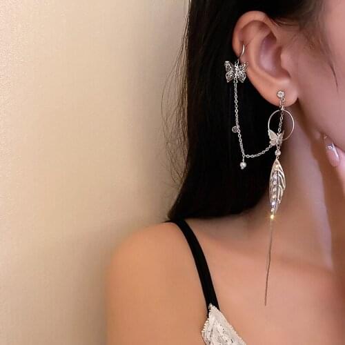 VSnow Fairy Trendy Butterfly Simulation Feather Clip Earring for Women Long Tassel Rhinestones Metal Earring Jewelry Pendientes