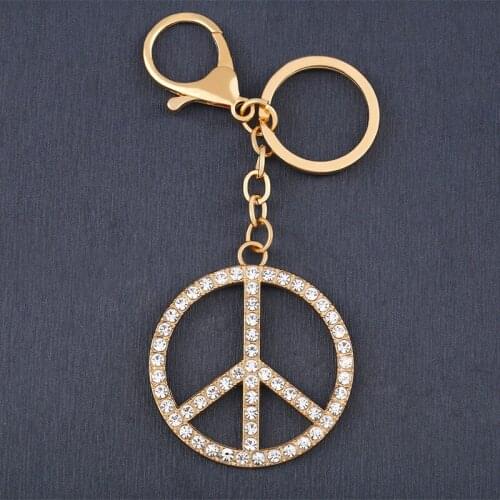 FLOLA Big Peace Sign Key Chains For Women Gold KeyChain Car Bag Charm Key Ring Holder Crystal Wholesale Jewelry Gifts kcha13