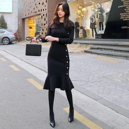 Autumn Winter High Quality Knitted Dress Women Solid Knit Christmas Dress Women Ladies Single Breasted Trumpet Sweater Dress