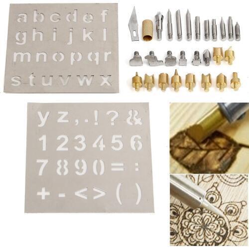 28pcs x Wood Burning Soldering Pyrography Solder Tips With 2pcs Stencils Kit Tool