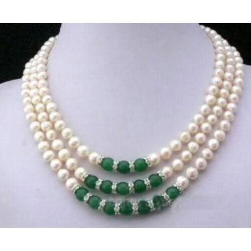 3Rows 7-8MM Real White Akoya Cultured Pearl & Green Jade Pendants necklace