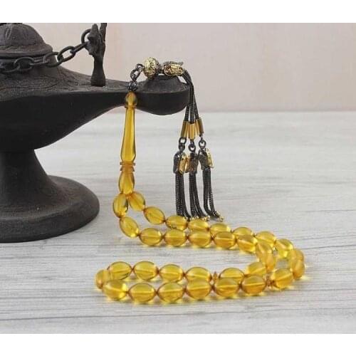 33 Beads Drop Amber (Drop Amber) muslim Prayer Tasbih Misbaha Islamic Jewelry Subha Capsule Cut Tassel 925 Caliber Silver