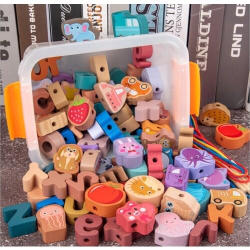 41-100PCS Blocks Cartoon Animals Fruit Letter Number Block Wooden Toys Stringing Threading Beads Game Educational Toy for Kids