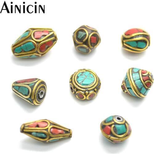 5pcs Blue and Red Semi-precious Stone Copper Nepal Beads Dish Shape For DIY Jewelry Making Materials