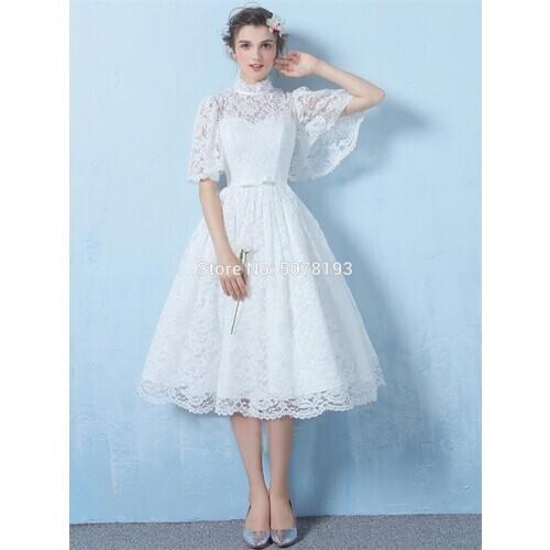 1118 white high-neck natural half-sleeve A-line knee-length lace wedding dresses/formal gowns belt with bow free shipping