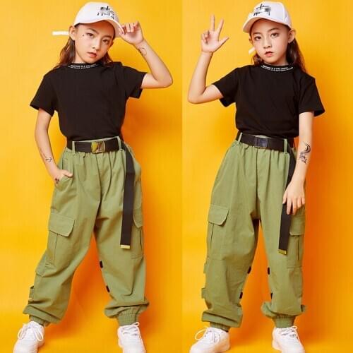Children Jazz Dance Costumes Kids Black Tops Green Pants Outfit Hip Hop Clothing For Girls Street Dance Performance Wear SL1972