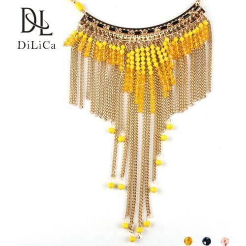 DiLiCa Vintage Bohemian Chokers Necklaces for Women Long Necklaces Pendants Crystal Beads Tassel Statement Pendant Necklace