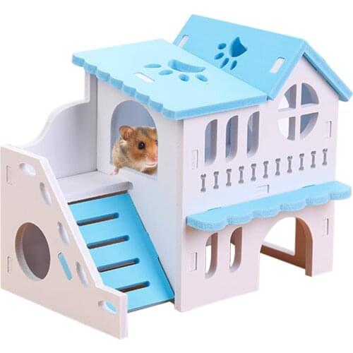 1 Pcs Small Animal Hideout House Toy Double Layer Hamster Cage Exercise Toy Wooden Pet Squirrel Guinea Pig Rat Villa With Ladder