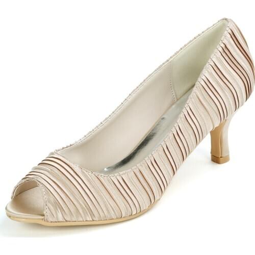 Elegant lady open toe heels pleated satin evening dress shoes bridal wedding party cocktail banquet med lower heel prom slip on