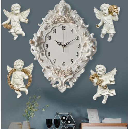 European 4pcs angel Resin wall clock Rose Flower and watches Classic For style living room bedroom mute resin angel clock gift