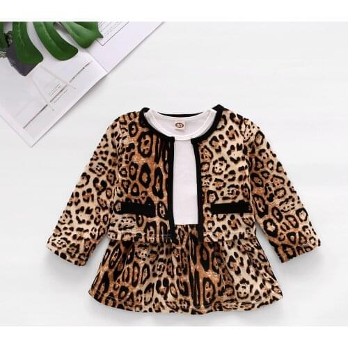 2 Pcs Retro Style Baby Girl Clothes Leopard Print Dress Set Round Neck Long Sleeve Coat+White T shirt Dress Children Clothing