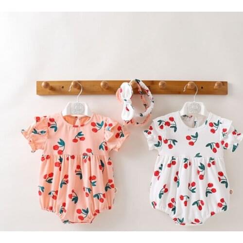 2 Pcs Newborn Baby Clothes Summer Girl Romper Cherry Print Short-sleeve Jumpsuit + Headband Toddler Fashion One-piece Clothing