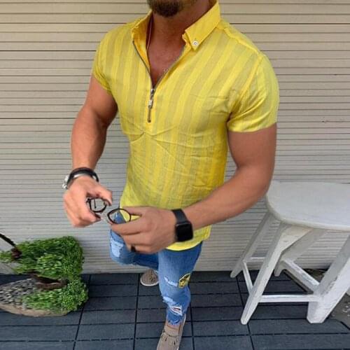 Summer Mens Striped T-Shirt Short Sleeve Casual Tops Zipper Tops F36