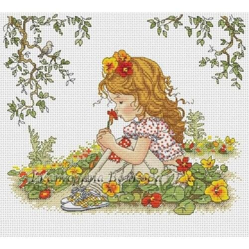 Stich Cross Stitch Kits Craft - Marigold Smelling Girl 35-30 Counted cross stitch Needlework Embroidery Cross-Stitching