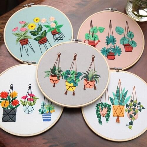 Plant DIY Embroidery Starter Kit for Beginner Pattern Printed Cross Stitch Bamboo Hoop Sewing Art Handmade Craft Painting Decor