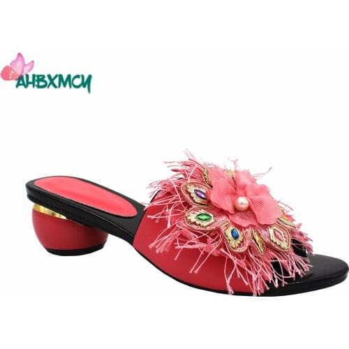 Latest Nigerian Mature Style Shoes in Pink Color African Ladies Slingbacks Slipper with Shinning Crystal for Party