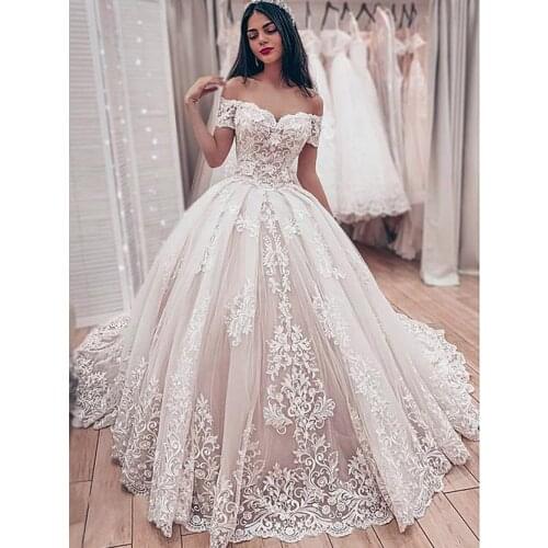2020 New Style Wedding Dresses Sexy Off The Shoulder Court Train Pearl Tulle Wedding Dresses Lace Up Back Vestido De Noiva