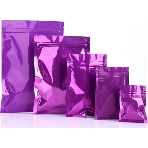 Wholesale 100pcs/lot Glossy Purple Aluminum Foil Ziplock Packaging Bag Metallic Zipper Package Bags Powder Sugar Gift Foil Bags
