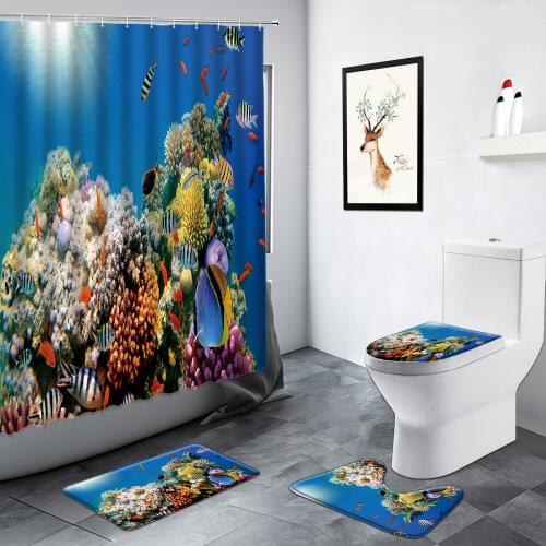 Underwater World Landscape Shower Curtains Sea Turtle Tropical Fish Ocean Scenery Children Bathroom Non-slip Rug Bath Mats Set