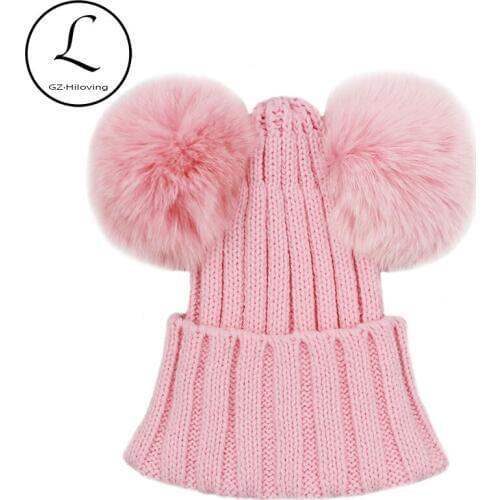 GZHILOVINGL Real Fox Fur Pompom Hat Kids Winter Caps Knitted Hats Two Pom Poms Skullies Beanies Bonnet Girls Boys Animal Ear Cap