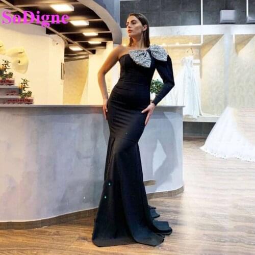 SoDigne One Shoulder Mermaid Black Satin Evening Dresses Shinly Bow Party Dress Formal Prom Gowns Custom Made 2021