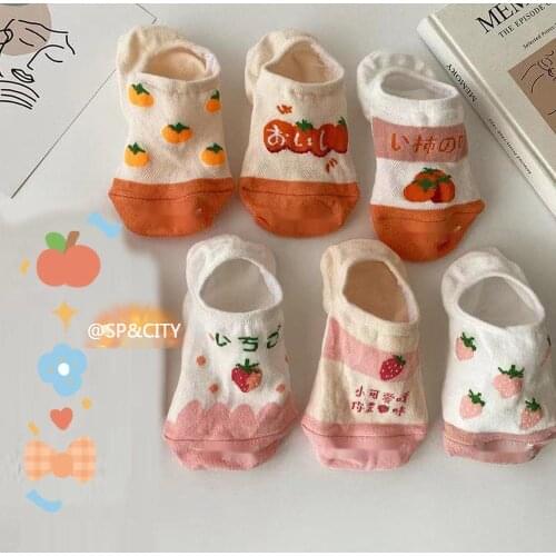 SP&CITY 3pairs Japanese Fruit Strawberry Cute Short Socks Women Cartoon Cotton Invisible Socks Thin Summer Childrens Boat Socks