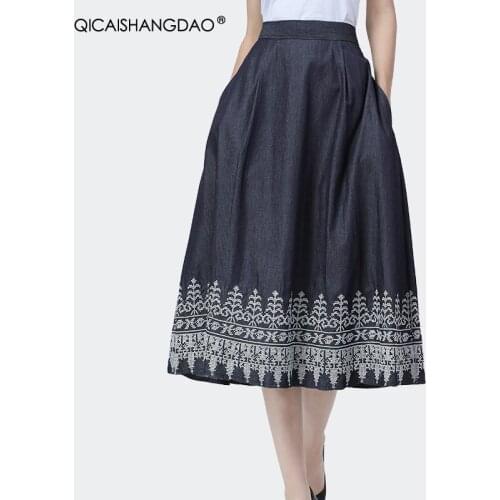 Fashion Pleated A-Line Denim Skirt Women' High Waist Spring Autumn new Elegant Embroidery Long Skirts Pocketed Plus Size Skirts