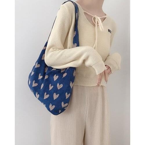 Youda New 2021 Womens Love Pattern Corduroy Shoulder Bag Retro Corduroy Beautiful Handbag Book Shopping Bags for Girls