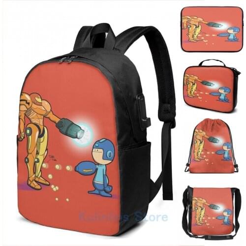 Funny Graphic print Samus Vs Mega USB Charge Backpack men School bags Women bag Travel laptop bag