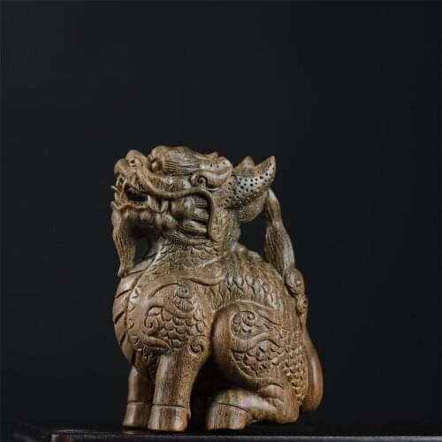 Green sandalwood Wood Statue Real Wood Feng Shui Collection Rich Kirin Home Décor Traditional Chinese Animal Sculpture Mascot Lu