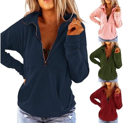 Women Sweatshirt Fashion Casual Autumn Winter Solid Color Casual Loose Long Sleeve Zipper V Neck Loose Female Sweatshirt Top
