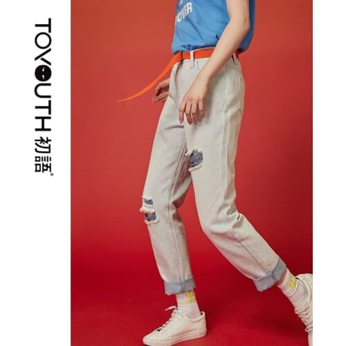 Toyouth New Arrival Spring Jeans For Women Light Color Casual Loose Jeans Lady Straight Denim Pants Long Trousers With Hole