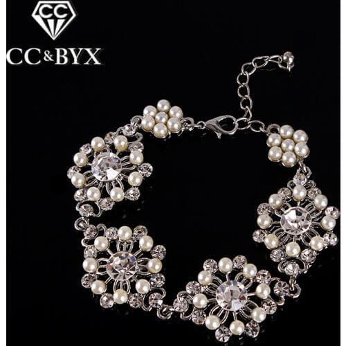 Flower bracelet for brides fashion jewelry pearl & austrian crystal bridals bracelets for women wedding jewellery bijoux E003