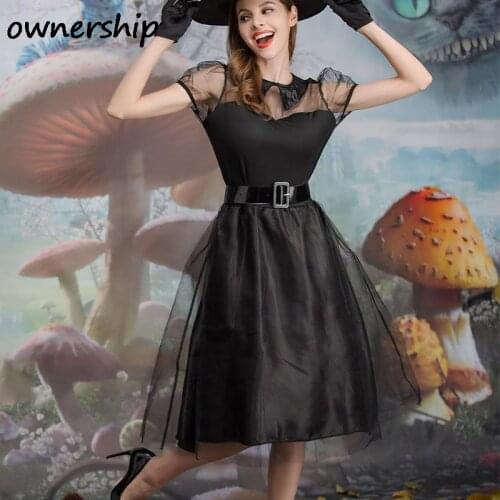 Halloween Witch Dress Three Piece Set For Women Sexy Shouler Lace See Throught A-Line Skirt Female Witch Hat +Black Gloves 2021