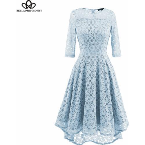 Bella Philosophy Summer Dress Women Lace Patchwork Flower Three Quarter Dress Hollow Out Zipper Dress