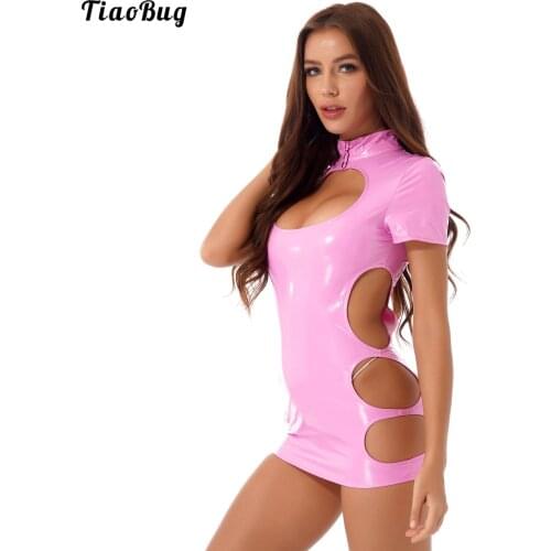 Ladies Patent Leather Bare Breast Mini Dress Stand Collar Short Sleeve Back Zipper Wet-Look Stage Performance Costume Clubwear