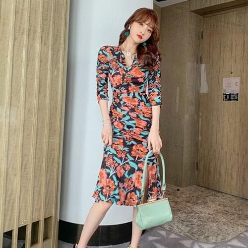 Fashion Summer French Romantic Vintage Half Sleeve Midi Party Dress Ladies Coffee Break V-Neck Print Bodycon Ruffle Split Dress