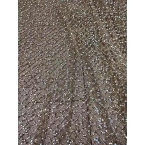 Gold color glitter white beads JRB-12202 African tulle Lace Fabric for party Hot selling beaded glued glitter lace fabric
