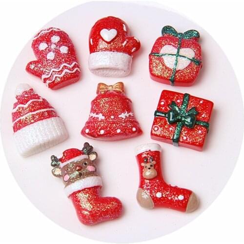 10Pcs Kawaii Sock Gift Flatback Resin Cabochon Glitter Christmas Decoration DIY Embellishments for Scrapbooking Hair Bows Center