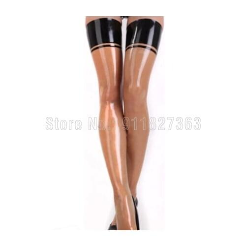100% Latex SockTransparent w Black Sexy Long Latex Stockings w Circular At Back Top Rubber Thigh High Stocking Customized