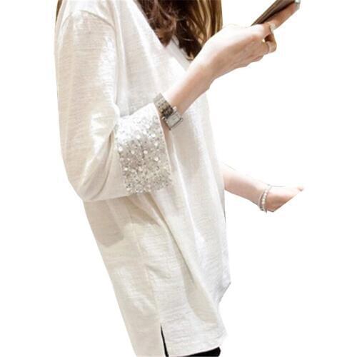 2018 Sring Fall Chic Sequined Tees Three Quarter Sleeve Women Cotton T-shirts Tops Plus Size Causal Female Street Clothes WZ008