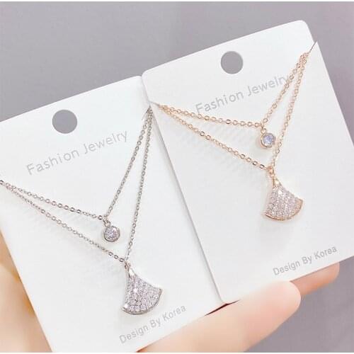 BOTU 2021 Small Skirt Fan-Shaped Pendant Necklace Womens Diamond Micro-Inlaid Zircon Rose Gold Women Jewelry Pendant for Women