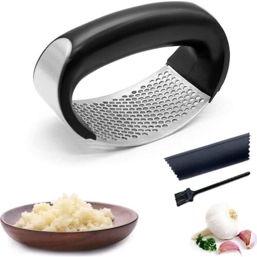 Stainless Steel Garlic Press with Handle Rocker Garlic Crusher Squeezer Slicer Mincer Chopper with Silicone Tube Peeler and Clea