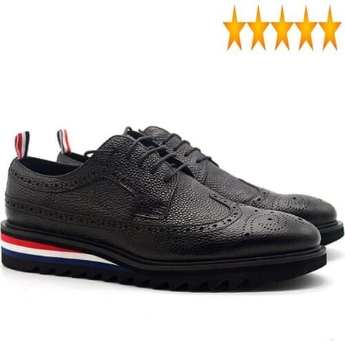 Cowhide Formal 2021 Genuine Mens Leather Antiskid Platform Lace Up Derby Wing Tip Brogue Groom Wedding Dress Shoes