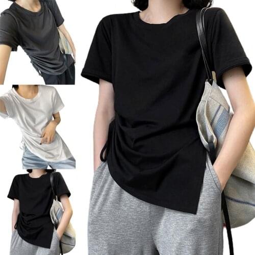 Fat mm Korean Academy style summer short sleeve T-shirt womens fashion loose drawstring irregular top fashion