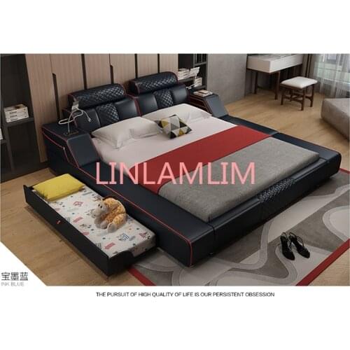 Real Genuine leather bed Soft Beds Bedroom camas lit muebles de dormitorio yatak mobilya quarto desk table light drawer storage